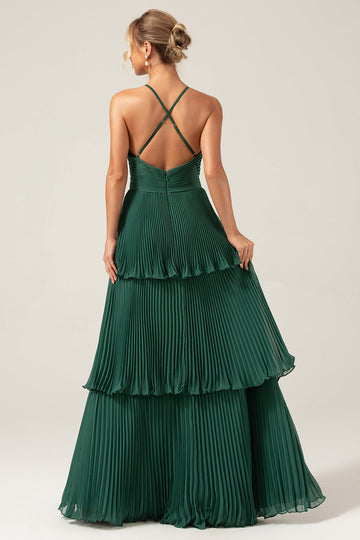 A-Line Tiered Chiffon Dark Green Long Bridesmaid Dress with Pleats